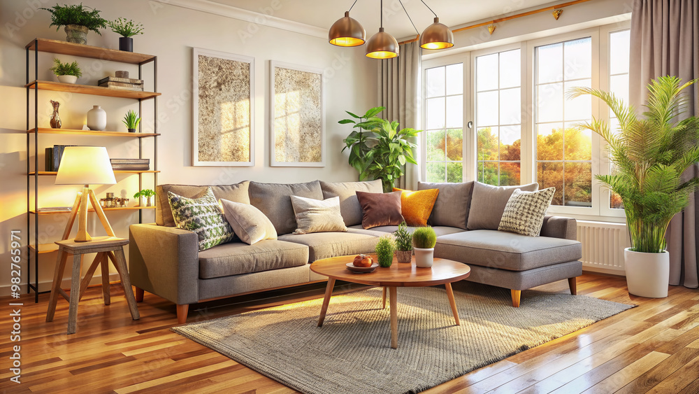 Cozy living room with natural light, comfy couch, and modern decor, conveying a sense of warmth and happiness, perfect for happy tenants' new home. Cozy living room with natural light, comfy couch, and modern decor, conveying a sense of warmth and happiness, perfect for happy tenants' new home.
