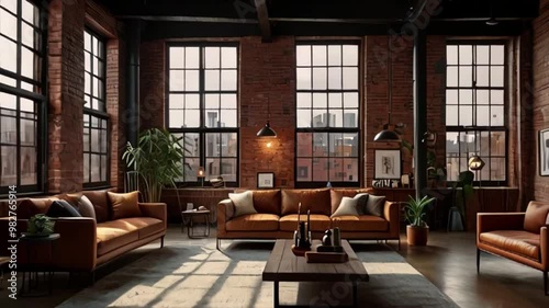 Wallpaper Mural Design a spacious loft with industrial accents, exposed brick walls, and large, factory-style windows. Torontodigital.ca