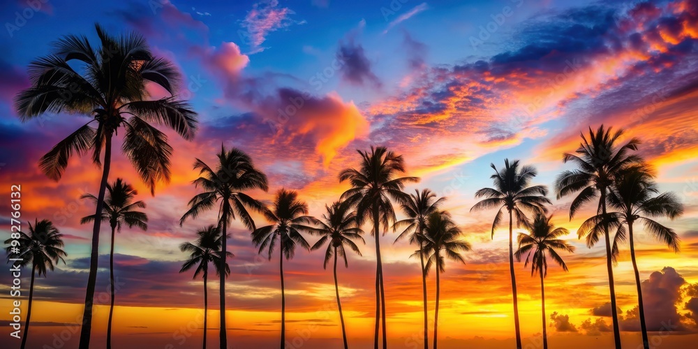 Palm trees silhouetted against a colorful sunset sky, tropical, palm trees, sunset, colorful, silhouette, nature, outdoors