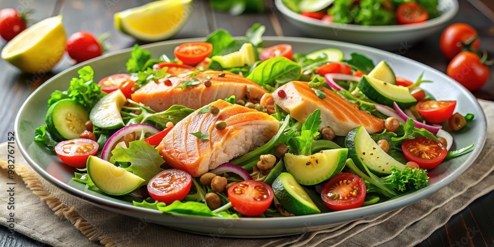 Fresh and healthy salmon salad with mixed greens, tomatoes, avocado, and light vinaigrette dressing, salmon, salad, food