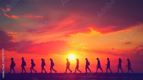 silhouette of rhythm people walking in sunset, part of body human