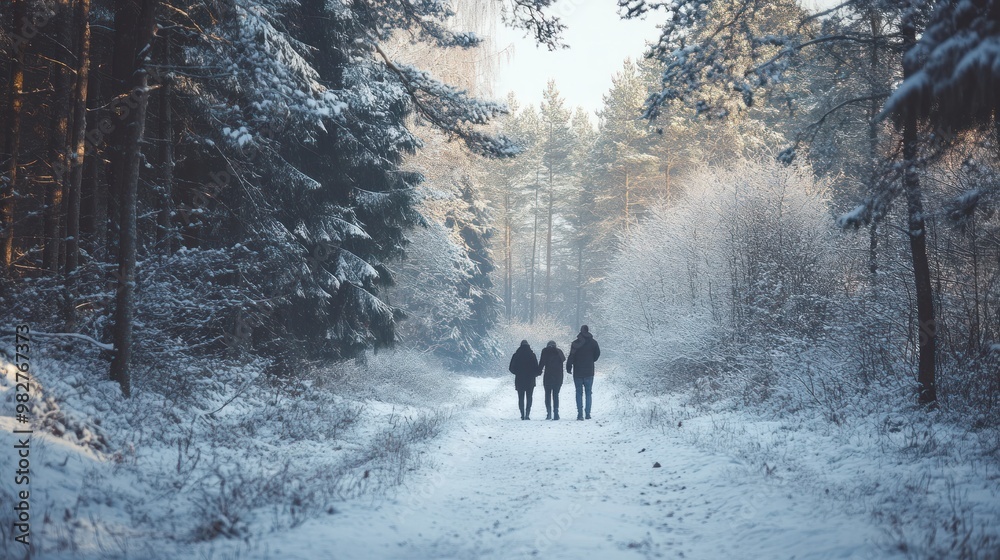A serene winter scene with four people walking through a snowy forest path. A serene winter scene with four people walking through a snowy forest path.