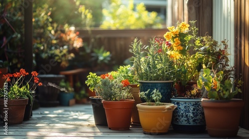 A vibrant collection of potted plants on a sunny deck, showcasing nature's beauty.