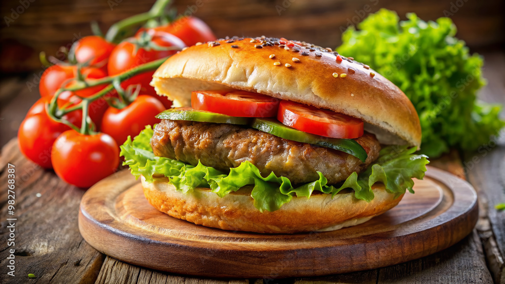 Juicy sausage sliced in half, paired with a crispy golden brown patty, resting on a toasted bun, surrounded by fresh lettuce and tomato slices. Juicy sausage sliced in half, paired with a crispy golden brown patty, resting on a toasted bun, surrounded by fresh lettuce and tomato slices.