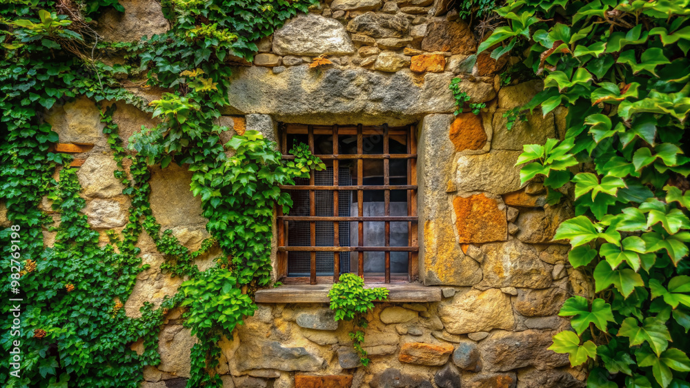 Ancient weathered stone wall with crumbling mortar and rusty iron grate covering a narrow window, surrounded by lush greenery and ivy in a serene atmosphere. Ancient weathered stone wall with crumbling mortar and rusty iron grate covering a narrow window, surrounded by lush greenery and ivy in a serene atmosphere.