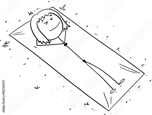 Woman Sunbathing on Blanket , Vector Cartoon Stick Figure Illustration