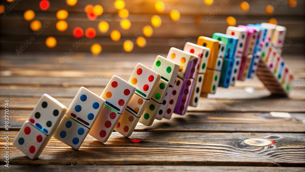 Fototapeta premium Colorful dominoes topple over in a cascading chain reaction, forming a mesmerizing pattern on a rustic wooden table, surrounded by blurred background.