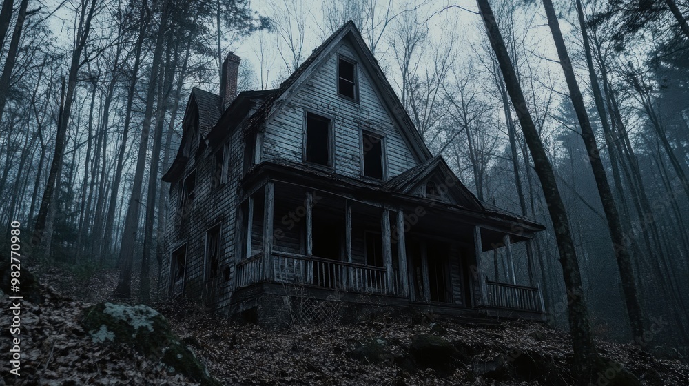 Obraz premium A haunting, abandoned house surrounded by dense forest and fog.