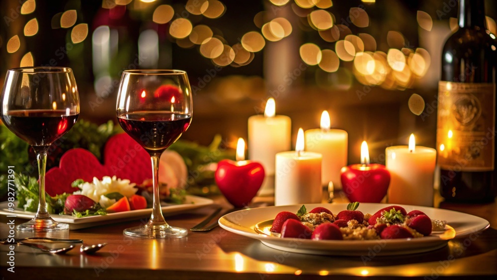Romantic dinner table setting with wine glasses, candles, and a delicious dessert. Romantic dinner table setting with wine glasses, candles, and a delicious dessert.