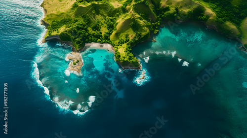 Fototapeta Naklejka Na Ścianę i Meble -  top view of beautiful tropical island with dense trees, with white sand beach and clear blue waters. concept of vacation with family. 4K Island Wallpaper