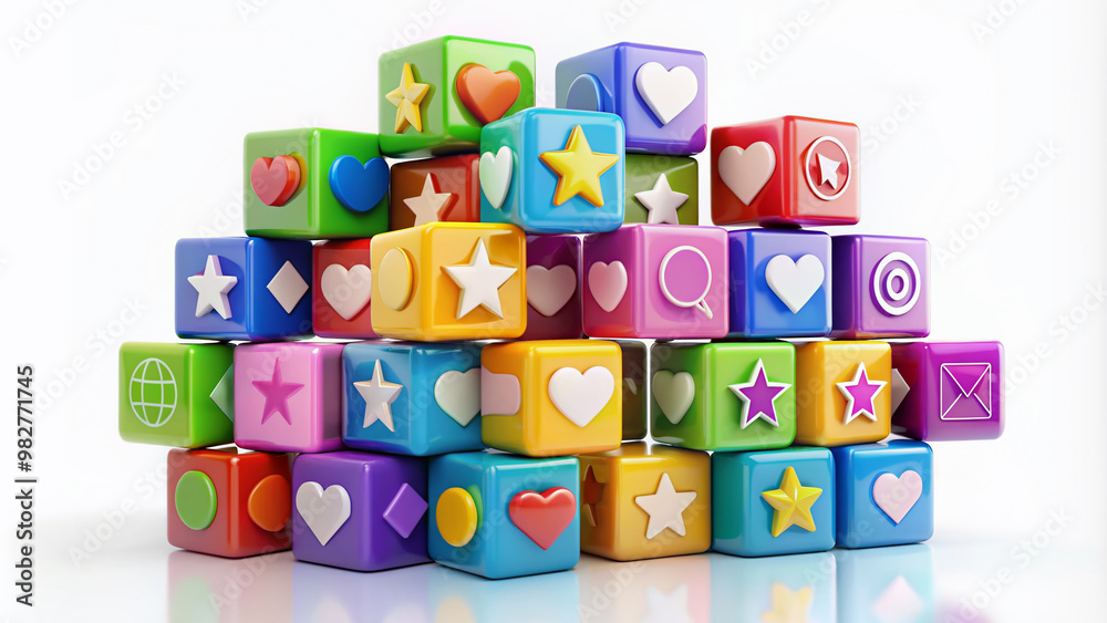 Colorful 3D cubes with various icons such as stars, hearts, and speech bubbles on each side, arranged in a creative and modern composition contrasted on white background. Colorful 3D cubes with various icons such as stars, hearts, and speech bubbles on each side, arranged in a creative and modern composition contrasted on white background.