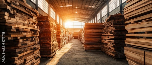 Stacks of wooden planks neatly arranged in a sunlit warehouse, showcasing their rich textures and colors. The sunlight streaming through the windows adds warmth and highlights the natural beauty