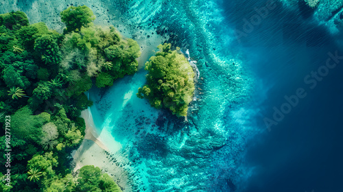 Fototapeta Naklejka Na Ścianę i Meble -  top view of beautiful tropical island with dense trees, with white sand beach and clear blue waters. concept of vacation with family. 4K Island Wallpaper