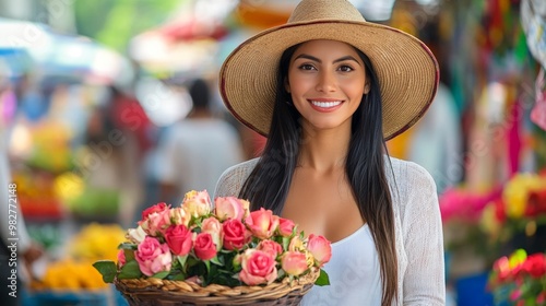 Elegant Ecuadorian woman in a traditional Panama hat, holding a basket of roses, standing against the backdrop of a colorful market. Close-Up Half body Cultural Portrait and Graphic Surrealism