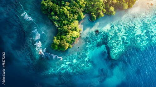 Fototapeta Naklejka Na Ścianę i Meble -  Aerial view of beautiful tropical island with dense trees, with white sand beach and clear blue waters. concept of vacation with friends. 4K Island Wallpaper