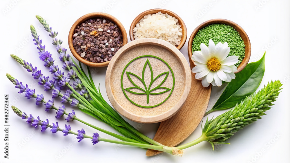 Natural ingredients like aloe vera, lavender, and chamomile surround a stylized, modern logo with earthy tones, conveying a sense of organic skincare and wellness. Natural ingredients like aloe vera, lavender, and chamomile surround a stylized, modern logo with earthy tones, conveying a sense of organic skincare and wellness.
