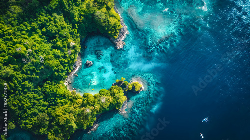 Fototapeta Naklejka Na Ścianę i Meble -  Aerial view of beautiful tropical island with dense trees, with white sand beach and clear blue waters. concept of vacation with friends. 4K Island Wallpaper
