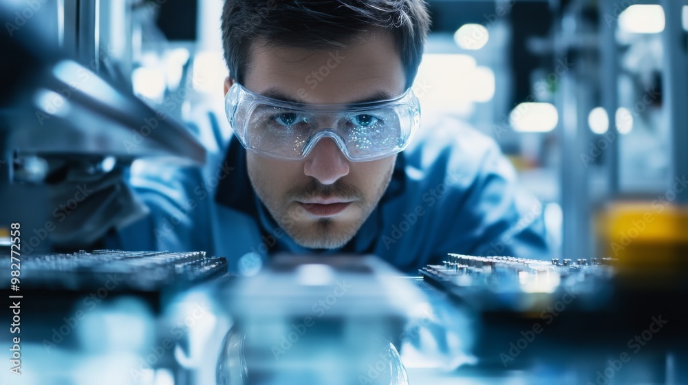 Technician wearing safety glasses working on electronics manufacturing plant Technician wearing safety glasses working on electronics manufacturing plant