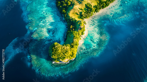 Fototapeta Naklejka Na Ścianę i Meble -  Aerial view of beautiful tropical island with dense trees, with white sand beach and clear blue waters. concept of vacation with friends. 4K Island Wallpaper