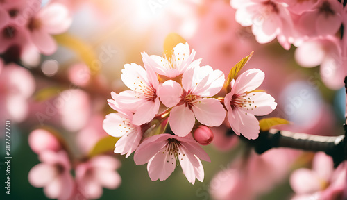 beautiful pink cherry blossom soft focus green leaves sunlight