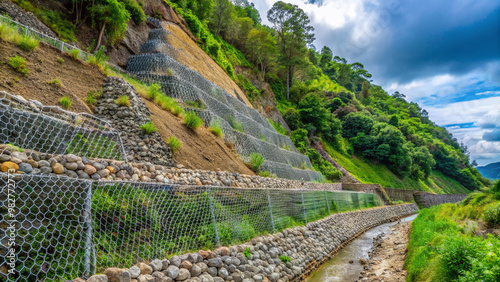 Riprap and geotextiles protect a steep slope from erosion, with dense vegetation and wire mesh barriers stabilizing the soil in a scenic environmental setting. photo