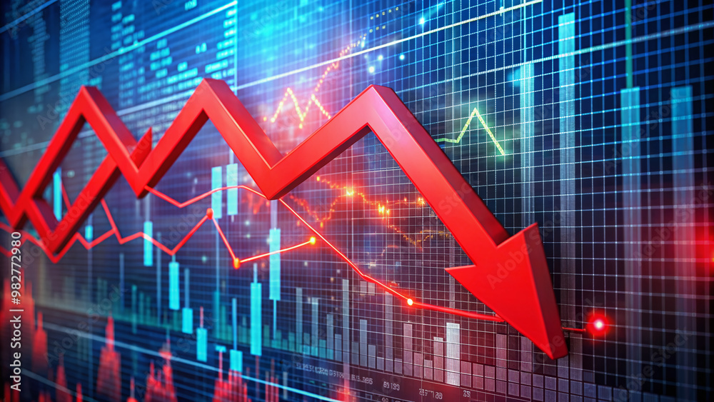 A dramatic red downtrend arrow plunges through a chaotic scattered graph of stock prices and charts on a dark background, symbolizing market crash. A dramatic red downtrend arrow plunges through a chaotic scattered graph of stock prices and charts on a dark background, symbolizing market crash.