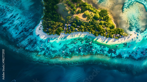 Fototapeta Naklejka Na Ścianę i Meble -  Aerial view of beautiful tropical island with dense trees, with white sand beach and clear blue waters. concept of vacation with friends. 4K Island Wallpaper