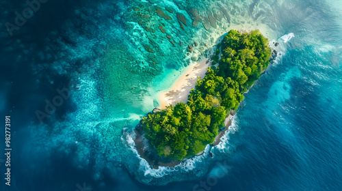 Fototapeta Naklejka Na Ścianę i Meble -  Aerial view of beautiful tropical island with dense trees, with white sand beach and clear blue waters. concept of vacation with friends. 4K Island Wallpaper