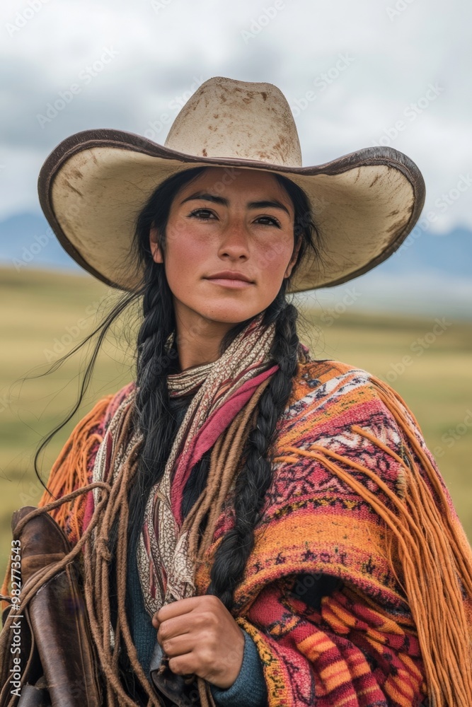 Close-Up Half body of an Argentinian woman in gaucho attire, holding a ...
