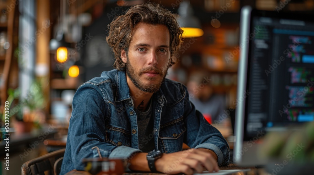 A highly realistic image of a person engaged in Software Developer – Writing code in a coworking space The scene is well-lit, with natural light highlighting the details. The background is slightly A highly realistic image of a person engaged in Software Developer – Writing code in a coworking space The scene is well-lit, with natural light highlighting the details. The background is slightly