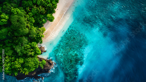 Fototapeta Naklejka Na Ścianę i Meble -  Aerial view of beautiful tropical island with dense trees, with white sand beach and clear blue waters. concept of vacation with friends. 4K Island Wallpaper