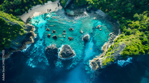 Fototapeta Naklejka Na Ścianę i Meble -  Aerial view of beautiful tropical island with dense trees, with white sand beach and clear blue waters. concept of vacation with friends. 4K Island Wallpaper