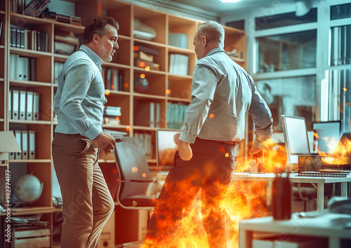 Two Businessmen Face a Dramatic Office Fire in a Modern Workspace During the Day