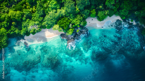 Fototapeta Naklejka Na Ścianę i Meble -  Aerial view of beautiful tropical island with dense trees, with white sand beach and clear blue waters. concept of vacation with friends. 4K Island Wallpaper