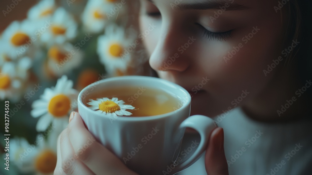 A woman savors floral tea surrounded by daisies in a cozy moment A woman savors floral tea surrounded by daisies in a cozy moment
