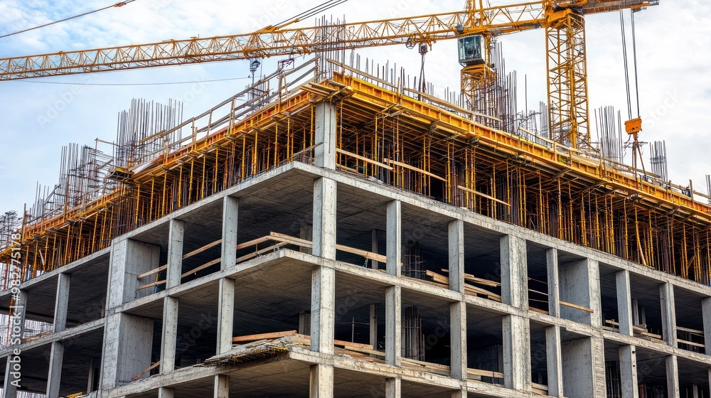 Construction site featuring a concrete structure with scaffolding and a crane. Construction site featuring a concrete structure with scaffolding and a crane.