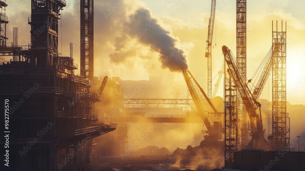Industrial construction site with large steel structures, heavy machinery in operation, smoke and dust in the air