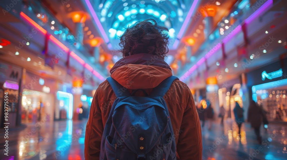 Fototapeta premium A highly realistic image of a person engaged in Organizing a scary scavenger hunt in the mall The scene is well-lit, with natural light highlighting the details. The background is slightly blurred 