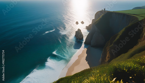 cliffside view ocean shining sun photo