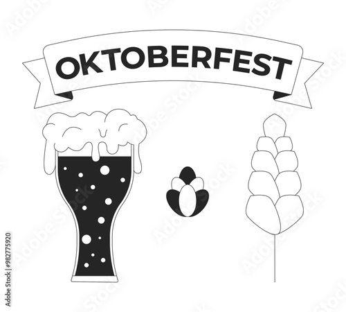 Oktoberfest beer ingredients black and white 2D line objects set. Frothy drink, hop cone and barley under logo ribbon isolated clip arts vector outline items collection. Monochrome spot illustrations