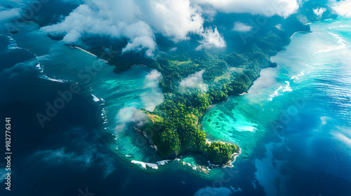 Fototapeta Naklejka Na Ścianę i Meble -  Aerial view of beautiful tropical island with dense trees, with white sand beach and clear blue waters. concept of vacation with friends. 4K Island Wallpaper