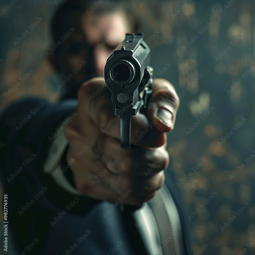 A Man Holding a Handgun Extends His Arm While Aiming in a Dimly Lit Room A Man Holding a Handgun Extends His Arm While Aiming in a Dimly Lit Room