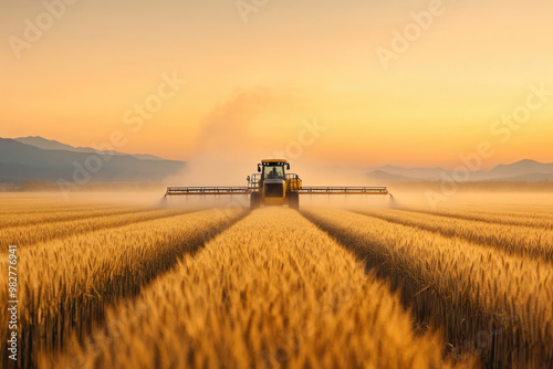 Fertilizer being sprayed onto wheat crops at dawn, with mist rising from the field, fertilizer application, agricultural routine