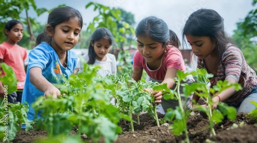 Kids engaged in sustainable agriculture, participating in an educational program about organic farming and nature conservation