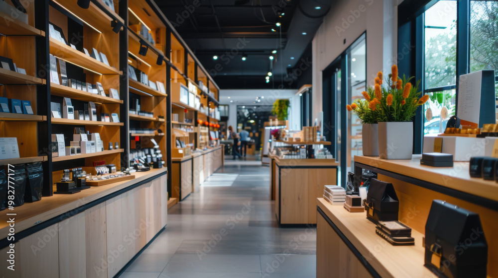 Interior of a modern retail store featuring organized shelves, wooden accents, and bright lighting, showcasing various products. Interior of a modern retail store featuring organized shelves, wooden accents, and bright lighting, showcasing various products.