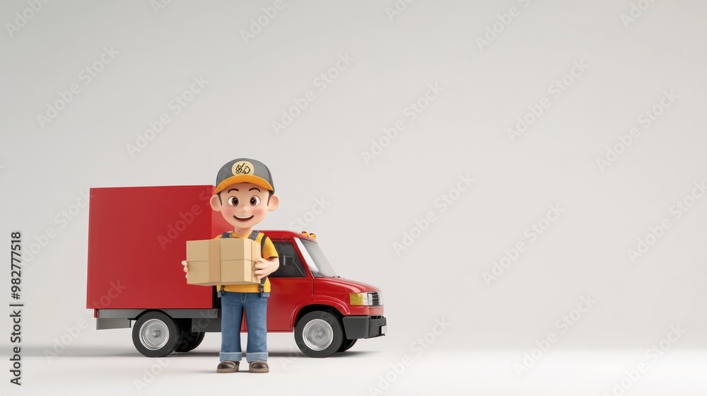A cheerful delivery person holds a box beside a red delivery truck in a minimalist setting. A cheerful delivery person holds a box beside a red delivery truck in a minimalist setting.