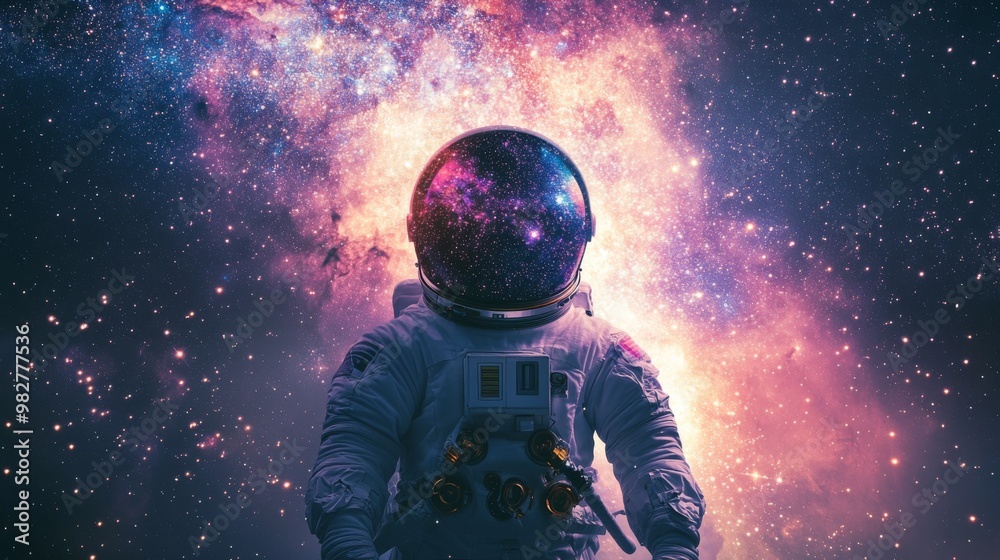 The double exposure image of the astronaut's suit overlay with the milky way galaxy image, with copy space The double exposure image of the astronaut's suit overlay with the milky way galaxy image, with copy space