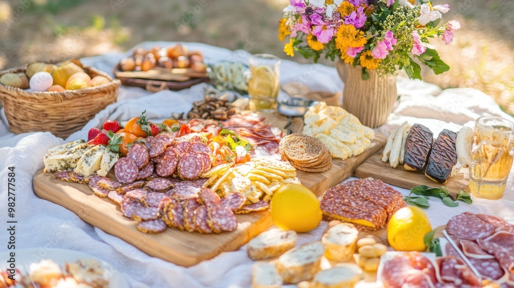 Fototapeta premium Labor Day picnic ideas, with a layout of creative picnic setups, including charcuterie boards, grilled skewers, and themed desserts