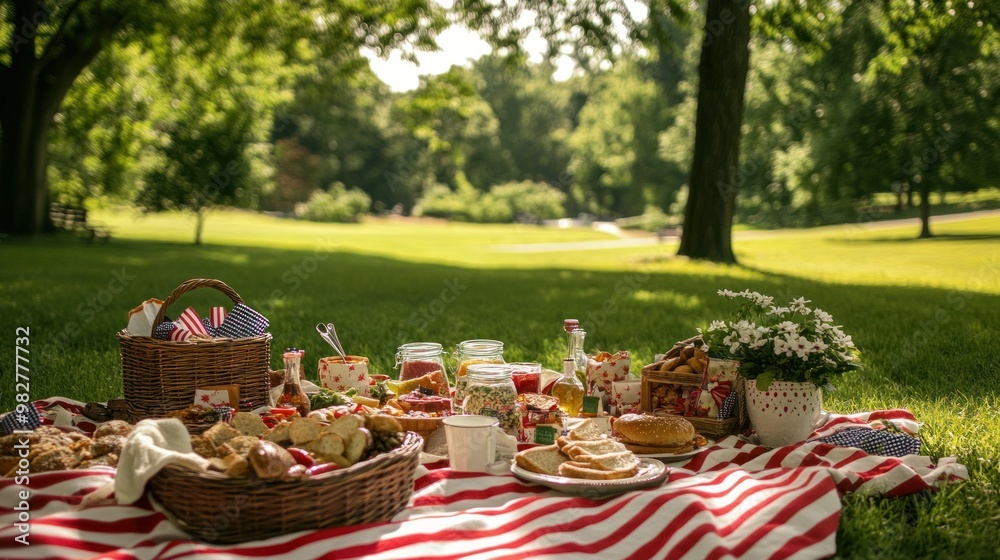 Labor Day picnic setup, with a beautifully arranged picnic spread, including traditional American foods, blankets, and festive decorations in a lush green park Labor Day picnic setup, with a beautifully arranged picnic spread, including traditional American foods, blankets, and festive decorations in a lush green park
