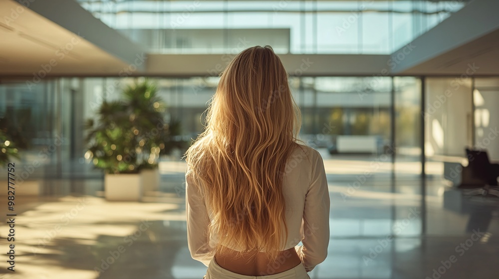 professional woman with blonde hair standing in a spacious modern office lobby, gazing out a large window at the calm and elegant surroundings professional woman with blonde hair standing in a spacious modern office lobby, gazing out a large window at the calm and elegant surroundings